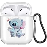 Schön Anime Karikatur Hülle für Airpods 1 & 2 Hülle, Transparent Weiche Silikon Schutzhülle mit Süßes Stitch Muster Stoßfest TPU Case Kompatibel mit AirPods 2/1, 03